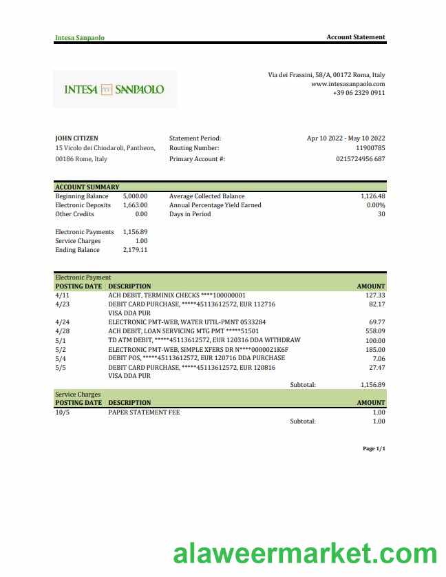 Italy Intesa Sanpaolo bank statement xls